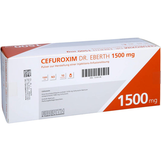Das Produktfoto zeigt Cefuroxim Dr.Eberth 1500 Mg Plv.Z.H.E.Inj.-/Inf.L. (10 stk) PZN 15197178