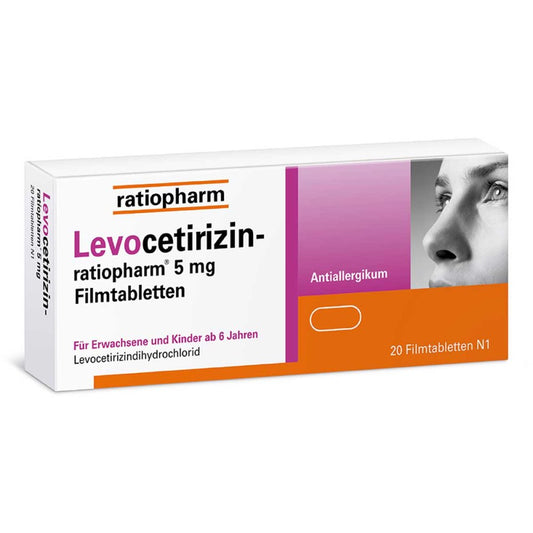Das Produktfoto zeigt Levocetirizin-Ratiopharm 5 Mg Filmtabletten (20 stk) PZN 15197735