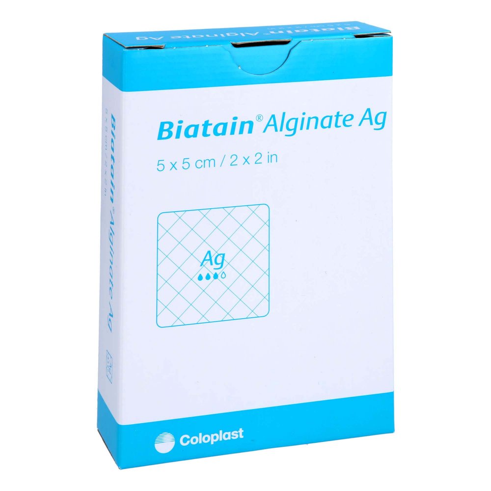 Das Produktfoto zeigt Biatain Alginate Ag Kompressen 5x5 Cm Mit Silber (10 stk) PZN 15198309