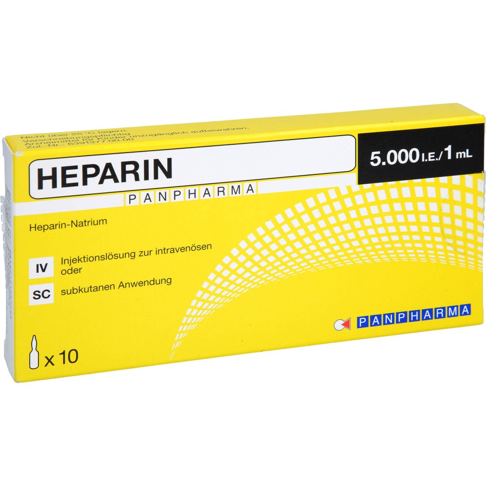 Das Produktfoto zeigt Heparin Panpharma 5.000 I.E./1 Ml Inj.-Lösung Amp. (10X1 ml) PZN 15198775