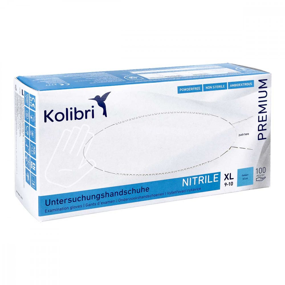 Das Produktfoto zeigt Kolibri Premium U.Hands.Nitril Unst.Pf Xl Blau (100 stk) PZN 15198893