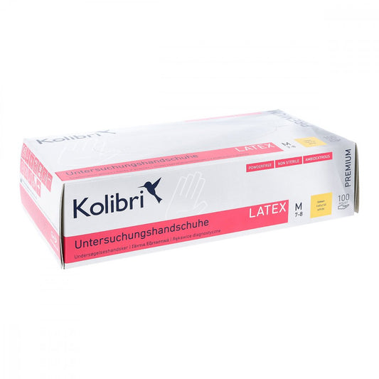 Das Produktfoto zeigt Kolibri Premium U.Hands.Latex Unst.Pf M Weiß (100 stk) PZN 15198924