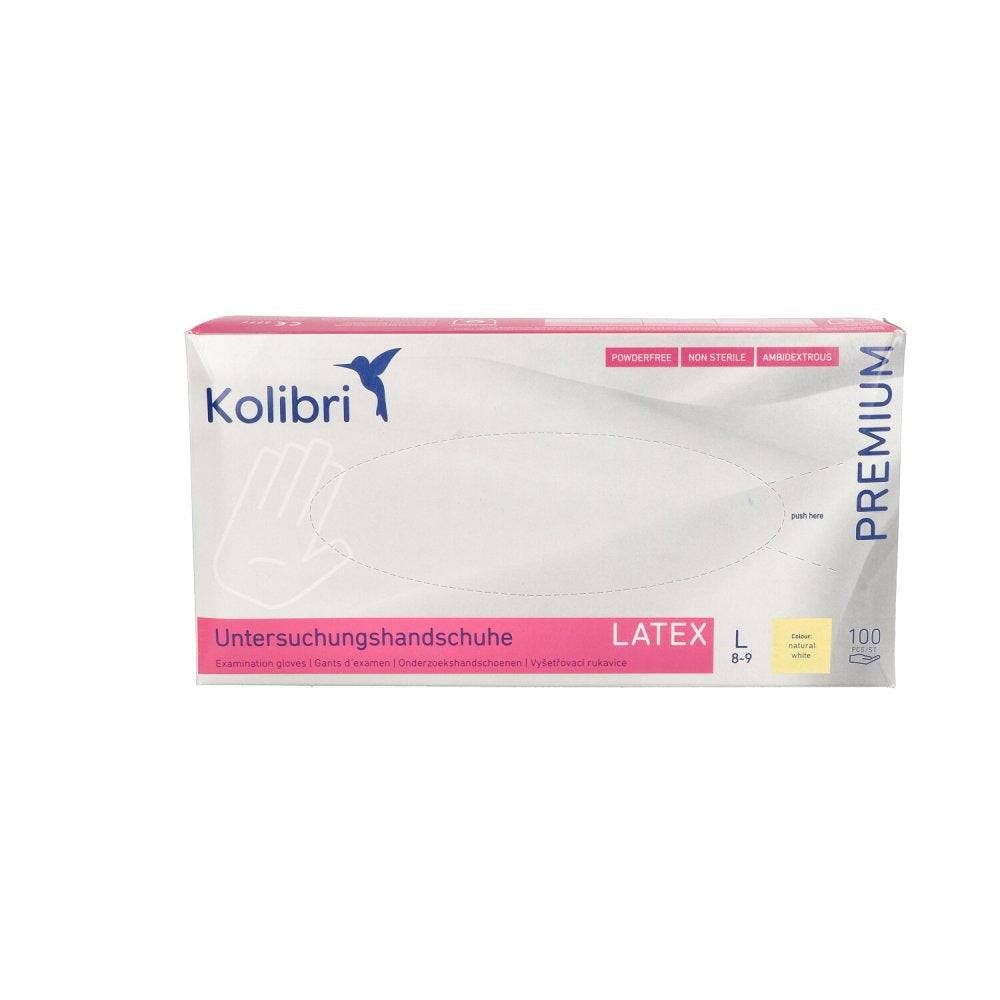 Das Produktfoto zeigt Kolibri Premium U.Hands.Latex Unst.Pf L Weiß (100 stk) PZN 15198930
