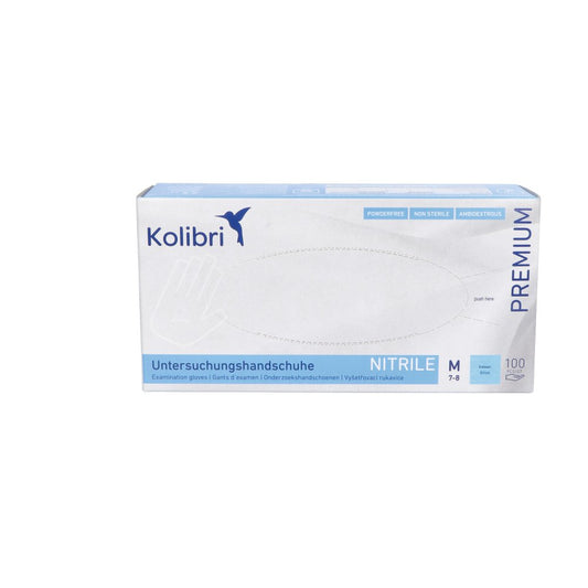 Das Produktfoto zeigt Kolibri Premium U.Hands.Nitril Unst.Pf M Blau (100 stk) PZN 15198999