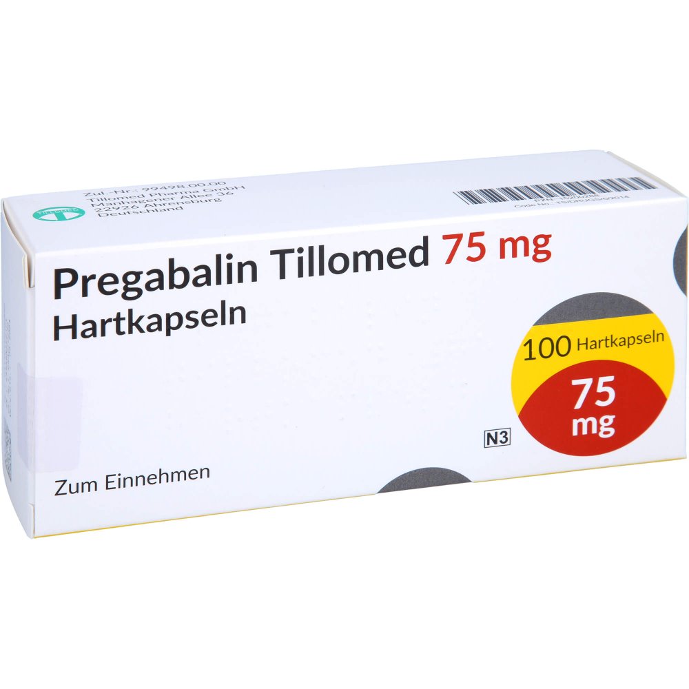 Das Produktfoto zeigt Pregabalin Tillomed 75 Mg Hartkapseln (100 stk) PZN 15200288