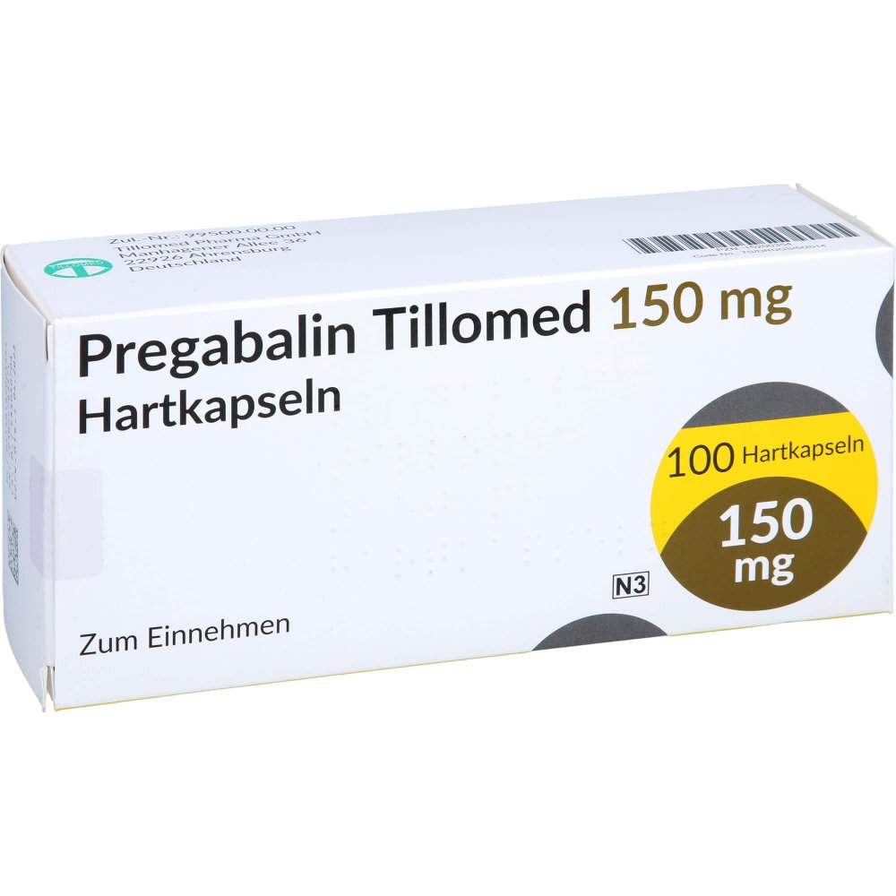 Das Produktfoto zeigt Pregabalin Tillomed 150 Mg Hartkapseln (100 stk) PZN 15200354