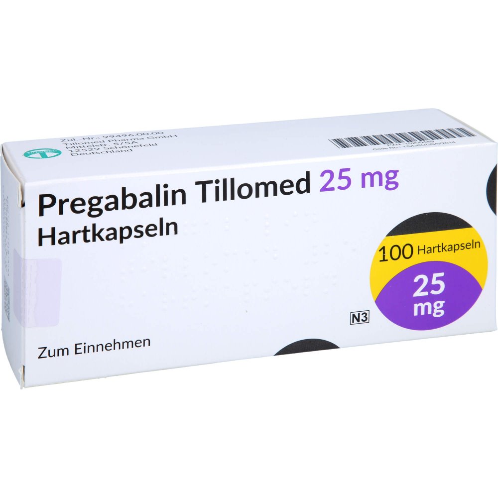 Das Produktfoto zeigt Pregabalin Tillomed 25 Mg Hartkapseln (100 stk) PZN 15200489