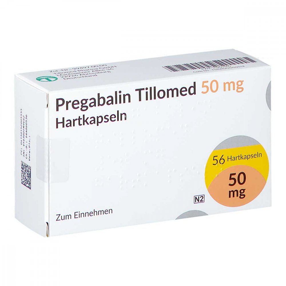 Das Produktfoto zeigt Pregabalin Tillomed 50 Mg Hartkapseln (56 stk) PZN 15200555