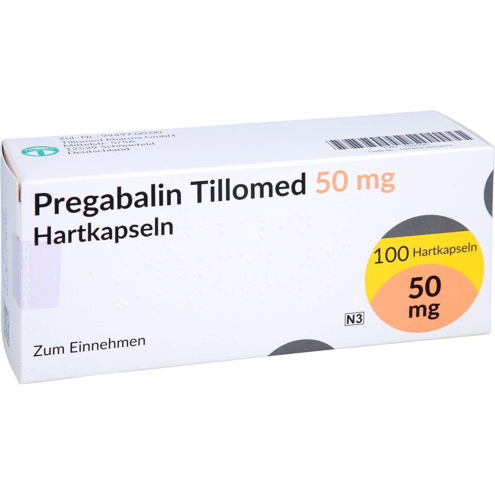 Das Produktfoto zeigt Pregabalin Tillomed 50 Mg Hartkapseln (100 stk) PZN 15200561