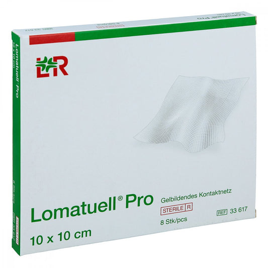 Das Produktfoto zeigt Lomatuell Pro 10x10 Cm Steril (8 stk) PZN 15201678
