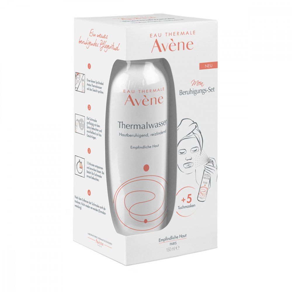 Das Produktfoto zeigt Avene Thermalwasser Spray 150ml+5 Tuchmasken Set (1 Pck) PZN 15205877