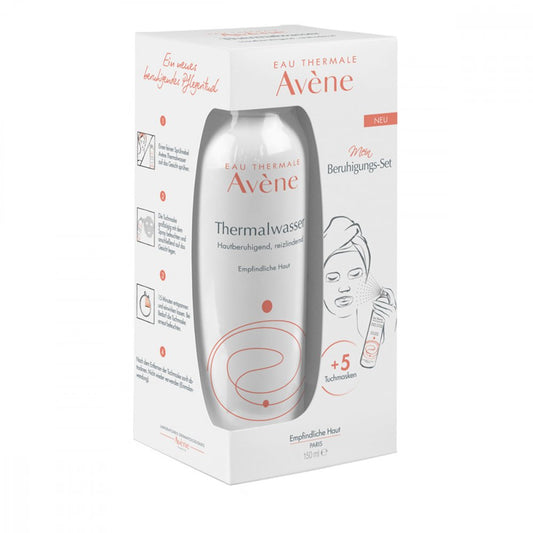 Das Produktfoto zeigt Avene Thermalwasser Spray 150ml+5 Tuchmasken Set (1 Pck) PZN 15205877