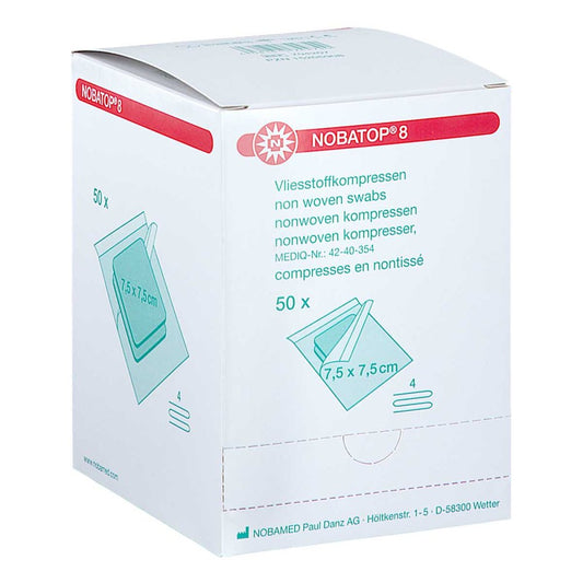 Das Produktfoto zeigt Nobatop 8 Kompressen 7,5x7,5 Cm Steril (50X2 stk) PZN 15205908