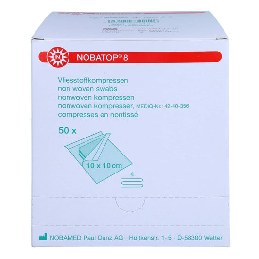 Das Produktfoto zeigt Nobatop 8 Kompressen 10x10 Cm Steril (50X2 stk) PZN 15205914