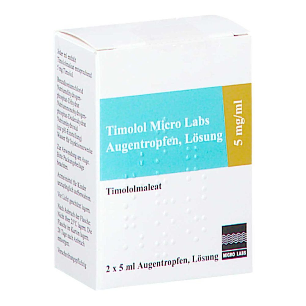 Das Produktfoto zeigt Timolol Micro Labs 5 Mg/Ml Augentropfen Lösung (2X5 ml) PZN 15228269