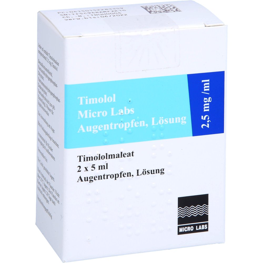 Das Produktfoto zeigt Timolol Micro Labs 2,5 Mg/Ml Augentropfen Lösung (2X5 ml) PZN 15228335