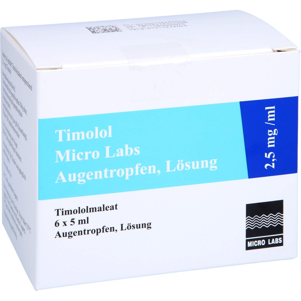 Das Produktfoto zeigt Timolol Micro Labs 2,5 Mg/Ml Augentropfen Lösung (6X5 ml) PZN 15228364