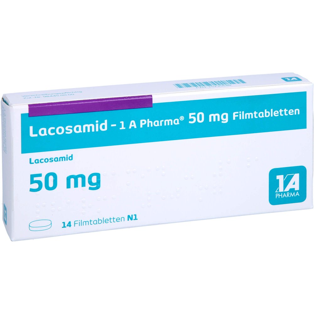 Das Produktfoto zeigt Lacosamid-1a Pharma 50 Mg Filmtabletten (14 stk) PZN 15235648
