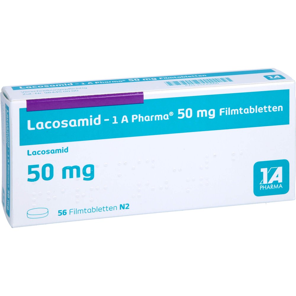 Das Produktfoto zeigt Lacosamid-1a Pharma 50 Mg Filmtabletten (56 stk) PZN 15235660