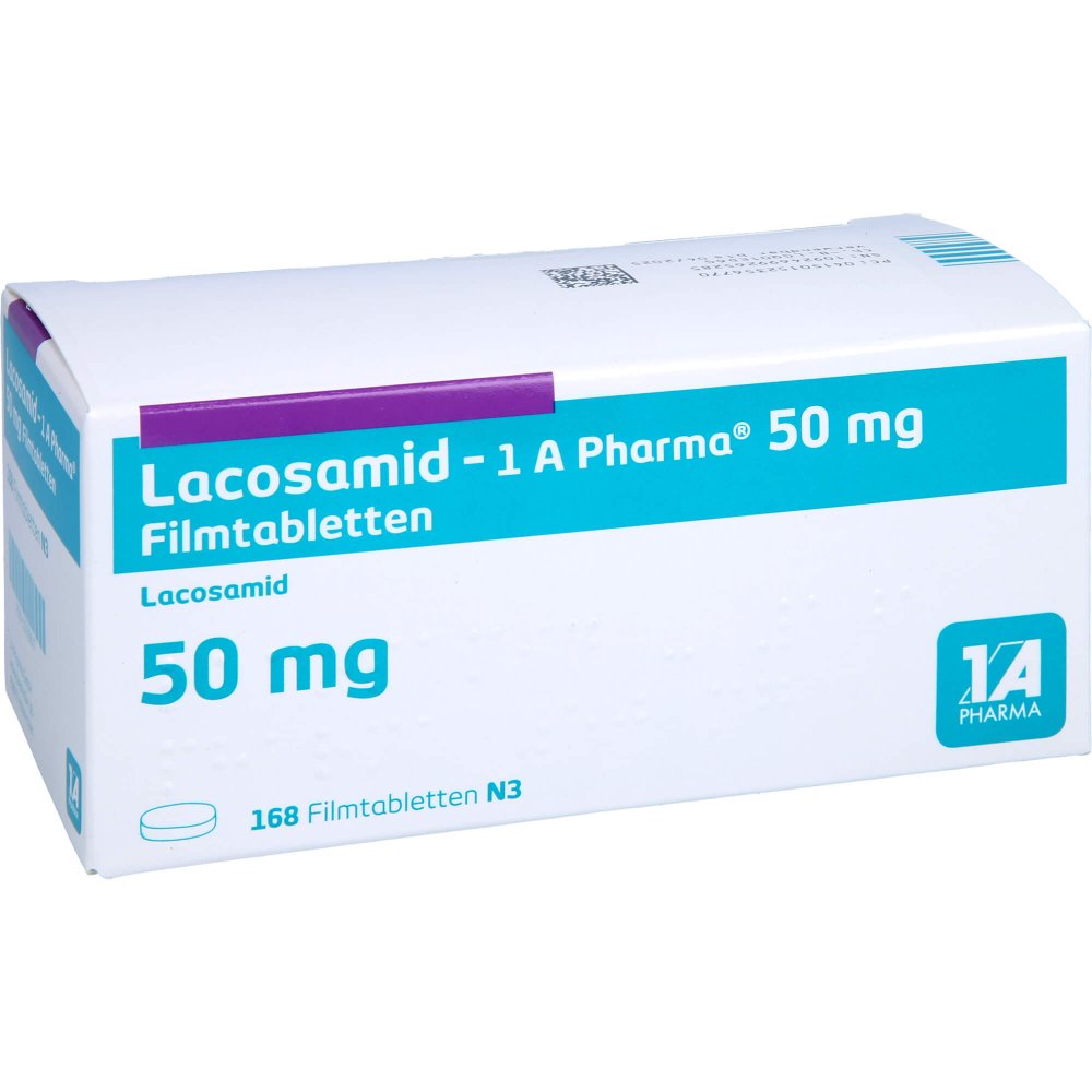 Das Produktfoto zeigt Lacosamid-1a Pharma 50 Mg Filmtabletten (168 stk) PZN 15235677