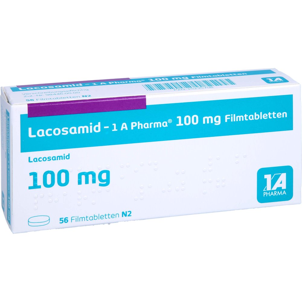 Das Produktfoto zeigt Lacosamid-1a Pharma 100 Mg Filmtabletten (56 stk) PZN 15235708