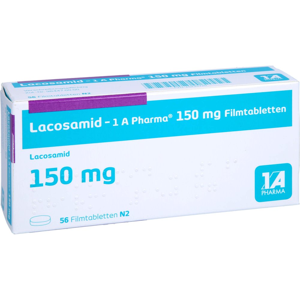 Das Produktfoto zeigt Lacosamid-1a Pharma 150 Mg Filmtabletten (56 stk) PZN 15235720