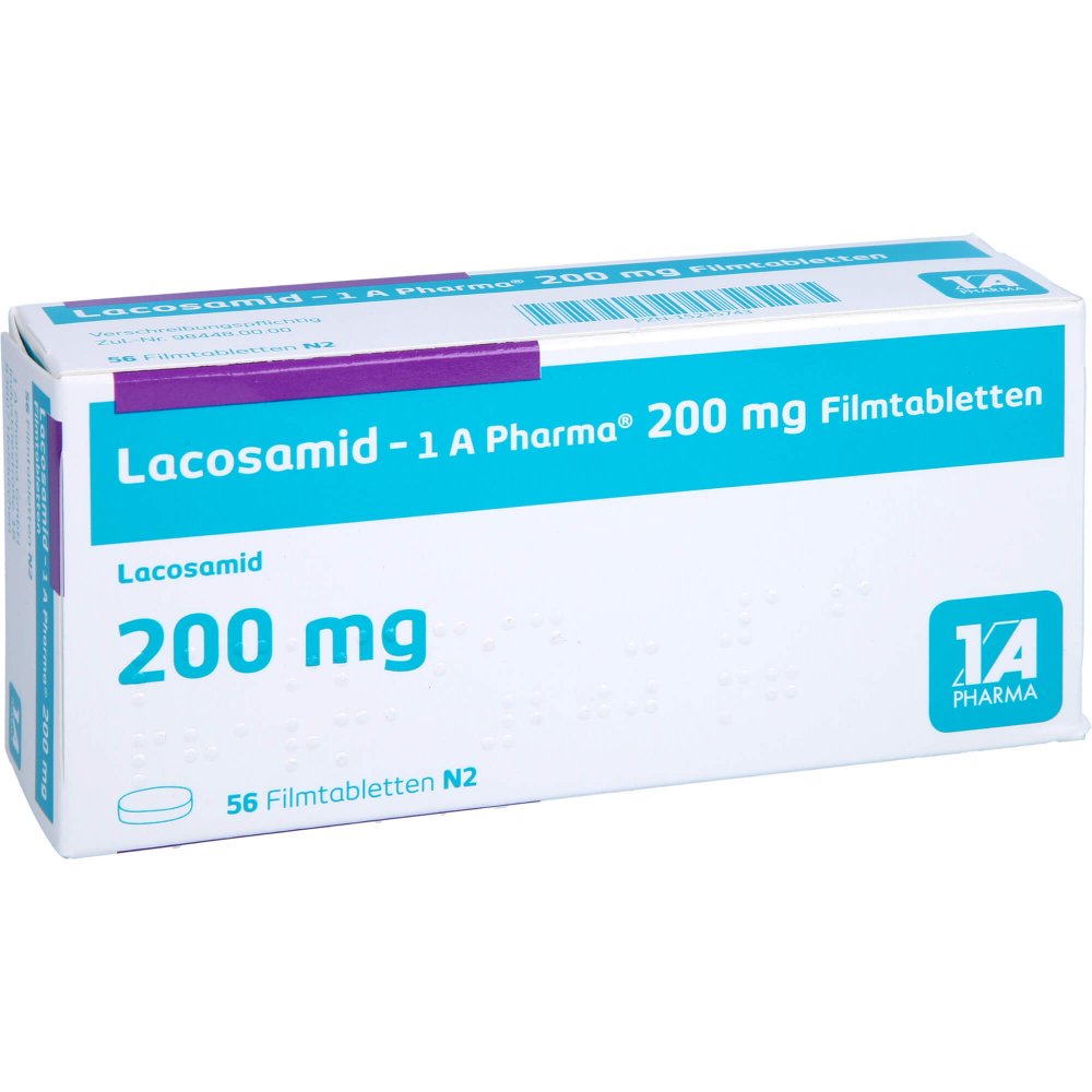 Das Produktfoto zeigt Lacosamid-1a Pharma 200 Mg Filmtabletten (56 stk) PZN 15235743