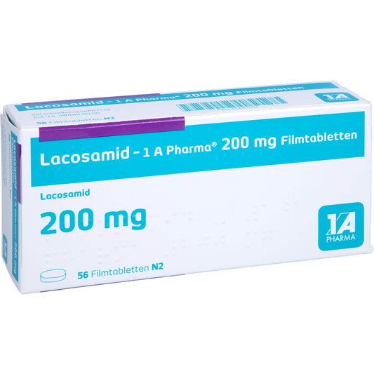 Das Produktfoto zeigt Lacosamid-1a Pharma 200 Mg Filmtabletten (56 stk) PZN 15235743