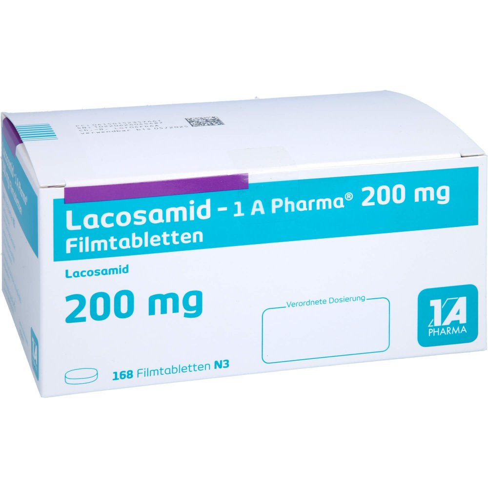 Das Produktfoto zeigt Lacosamid-1a Pharma 200 Mg Filmtabletten (168 stk) PZN 15235766