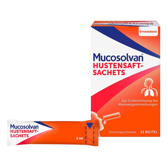 Das Produktfoto zeigt Mucosolvan Hustensaft-Portionsbeutel 30 Mg/5 Ml (21X5 ml) PZN 15238871