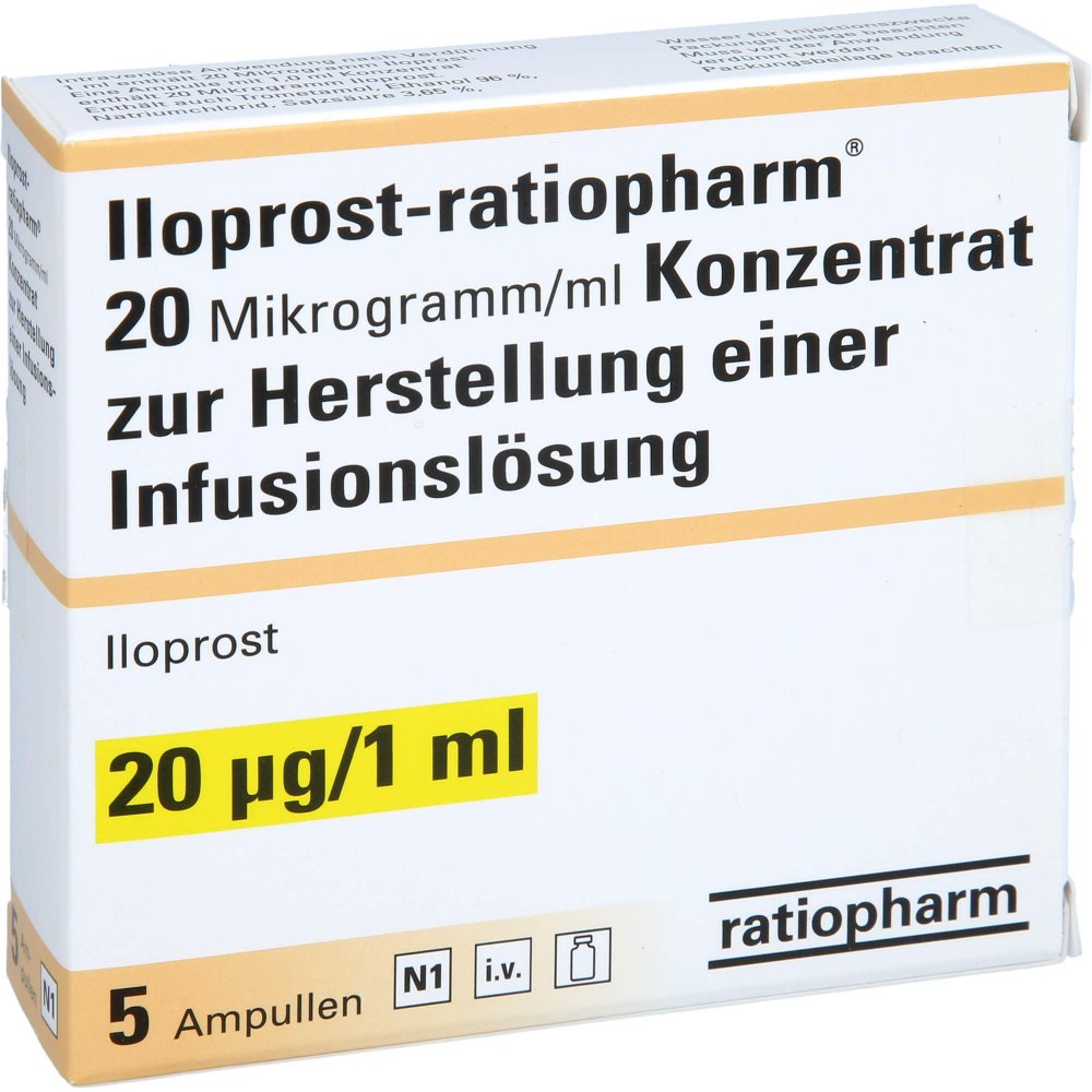 Das Produktfoto zeigt Iloprost-Ratiopharm 20 Μg/Ml K.Z.H.E.Inf.-L.20μg (5X1 ml) PZN 15241206