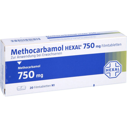 Das Produktfoto zeigt Methocarbamol Hexal 750 Mg Filmtabletten (20 stk) PZN 15241608
