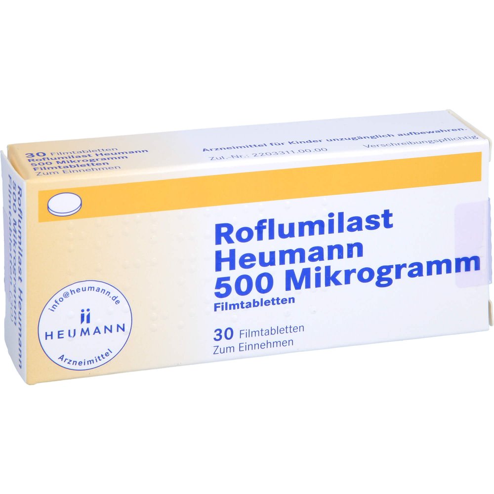 Das Produktfoto zeigt Roflumilast Heumann 500 Mikrogramm Filmtabletten (30 stk) PZN 15250441