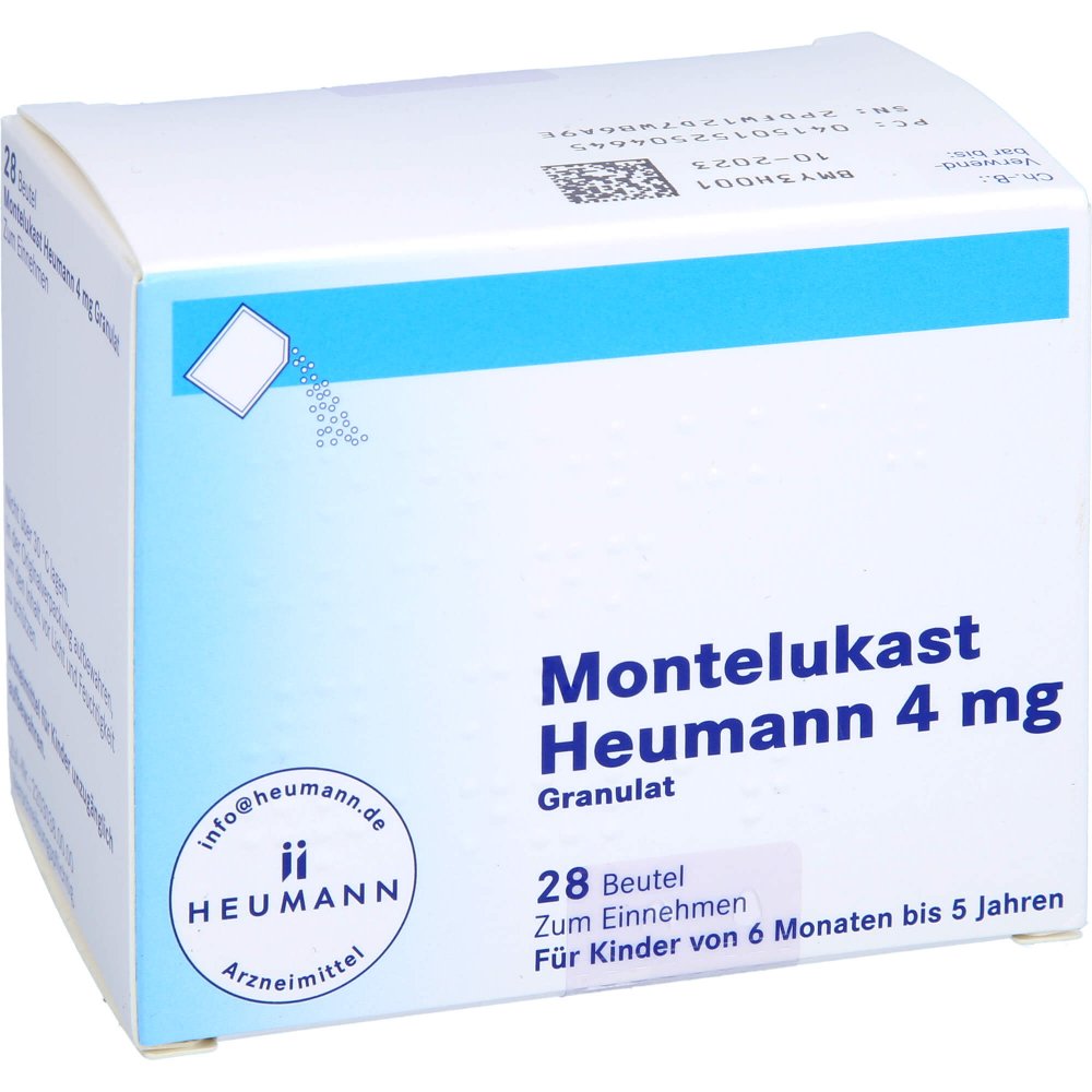 Das Produktfoto zeigt Montelukast Heumann 4 Mg Granulat (28 stk) PZN 15250464