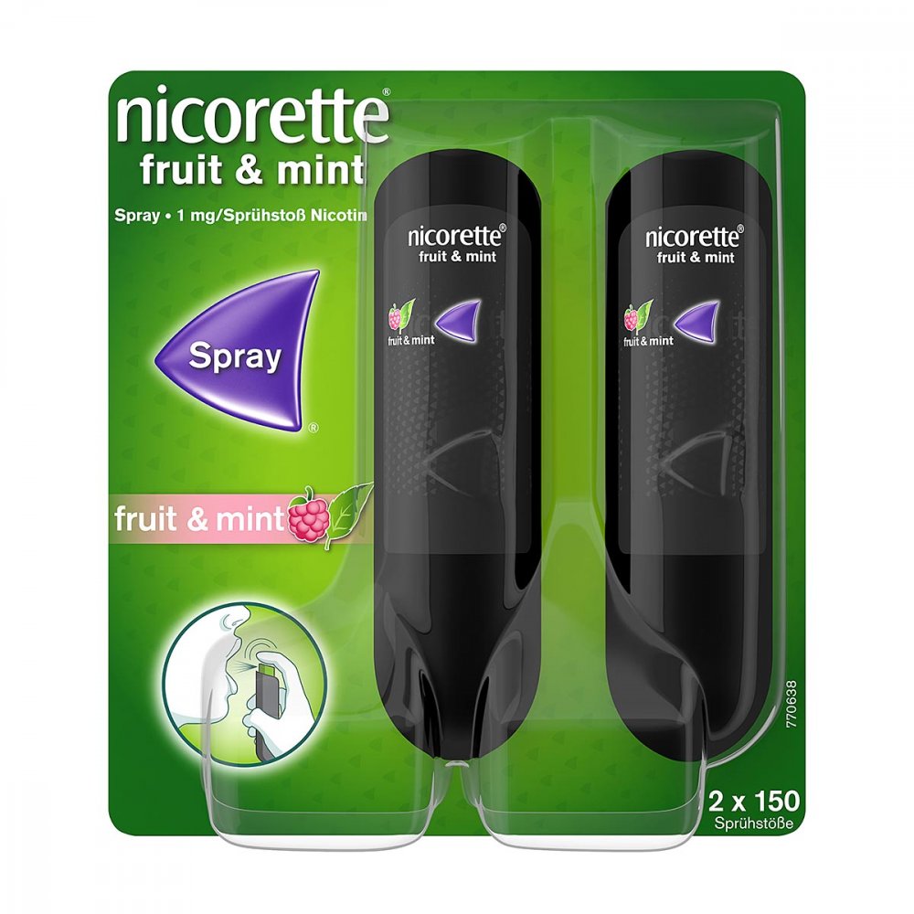 Das Produktfoto zeigt Nicorette Fruit & Mint Spray 1 Mg/Sprühstoß (2 stk) PZN 15293692