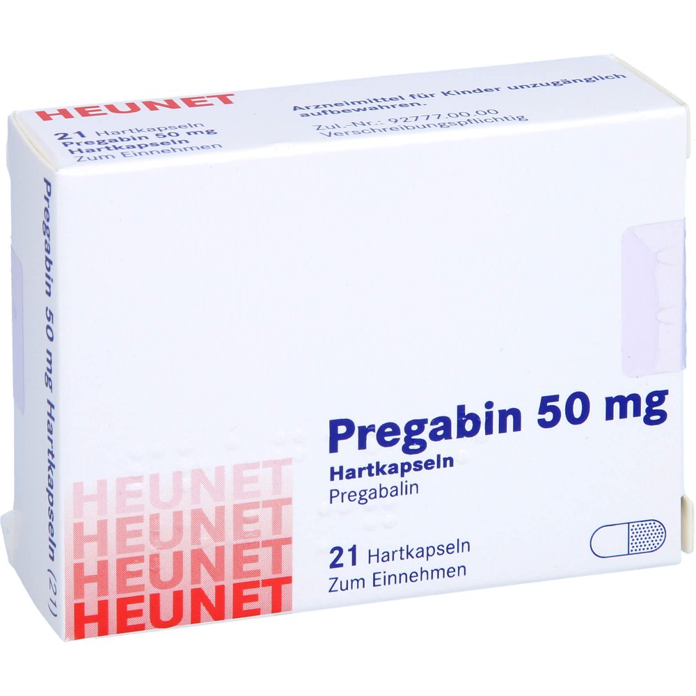 Das Produktfoto zeigt Pregabin 50 Mg Hartkapseln Heunet (21 stk) PZN 15303812