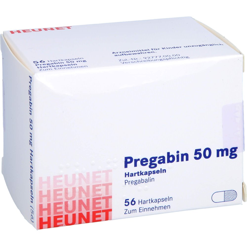 Das Produktfoto zeigt Pregabin 50 Mg Hartkapseln Heunet (56 stk) PZN 15303829