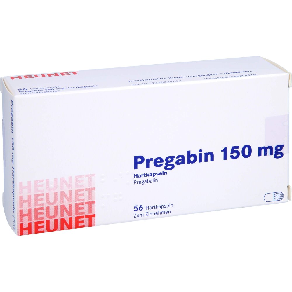 Das Produktfoto zeigt Pregabin 150 Mg Hartkapseln Heunet (56 stk) PZN 15303924