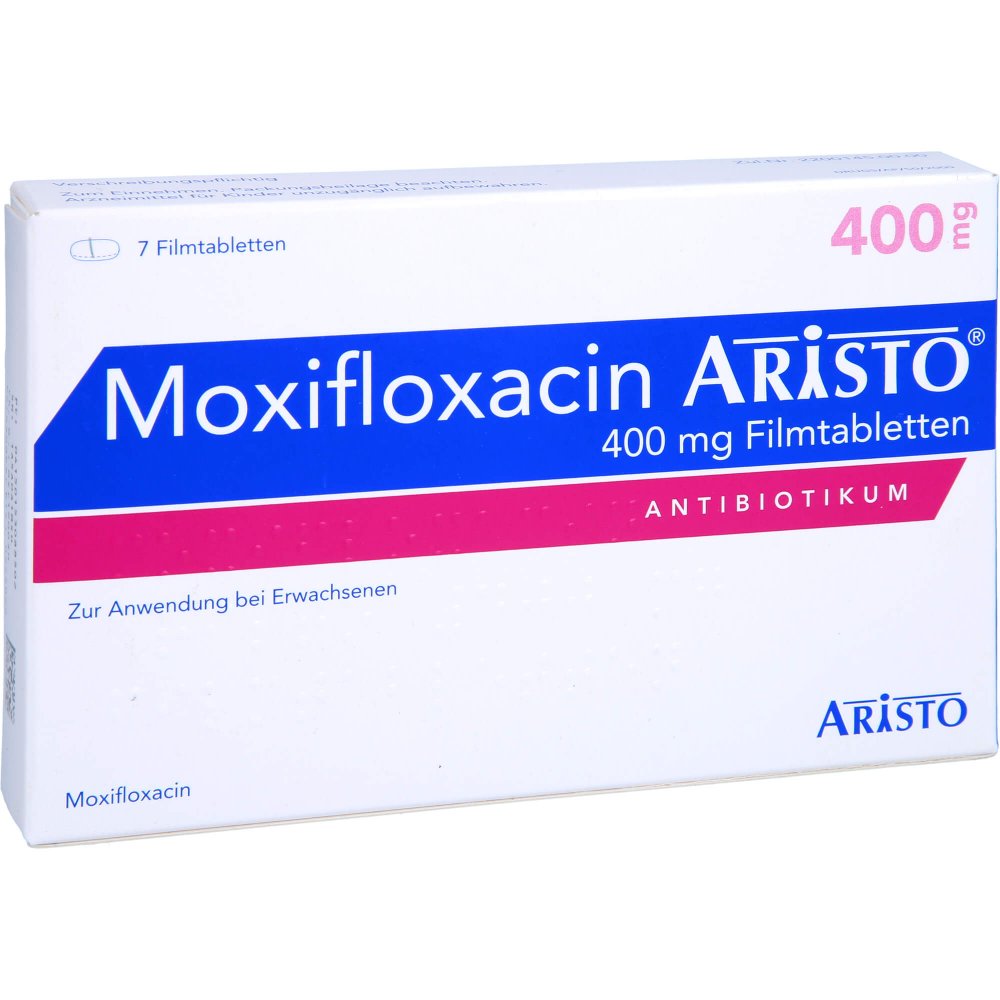 Das Produktfoto zeigt Moxifloxacin Aristo 400 Mg Filmtabletten (7 stk) PZN 15308850
