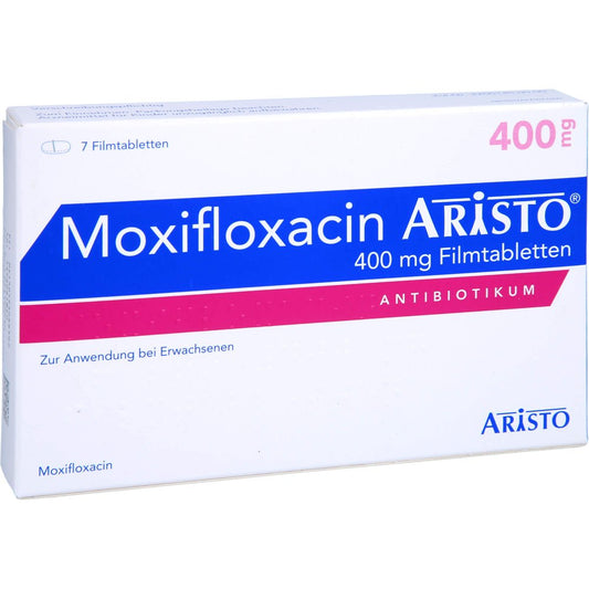 Das Produktfoto zeigt Moxifloxacin Aristo 400 Mg Filmtabletten (7 stk) PZN 15308850
