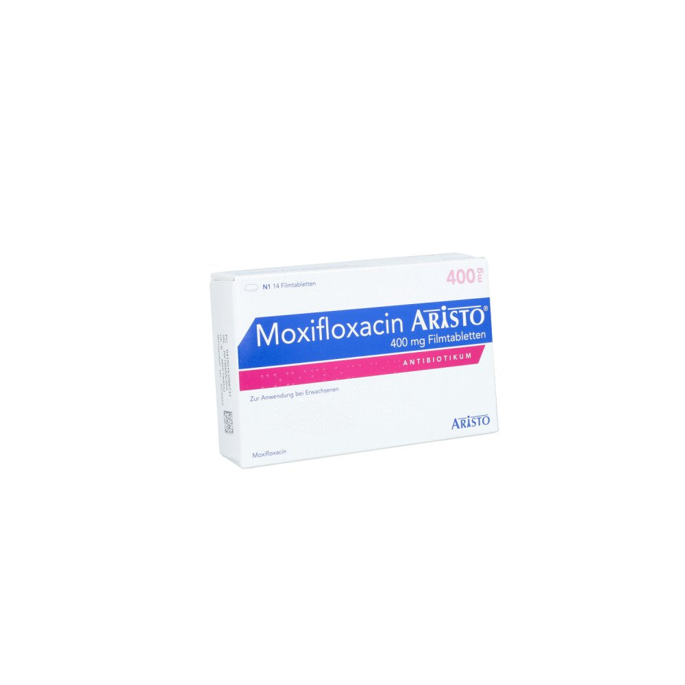 Das Produktfoto zeigt Moxifloxacin Aristo 400 Mg Filmtabletten (14 stk) PZN 15308873