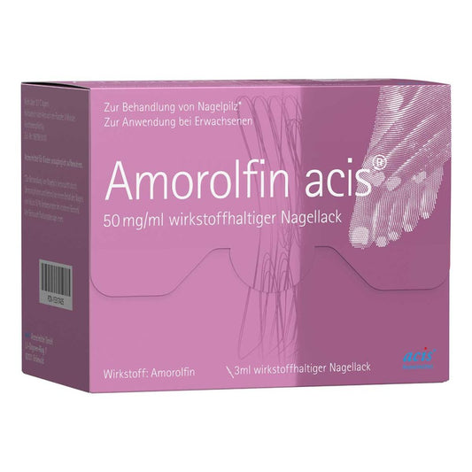 Das Produktfoto zeigt Amorolfin Acis 50 Mg/Ml Wirkstoffhalt.Nagellack (3 ml) PZN 15317435