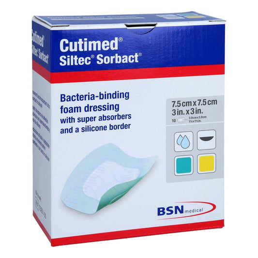 Das Produktfoto zeigt Cutimed Siltec Sorbact Pu-Verb.7,5x7,5 Cm (10 stk) PZN 15378483
