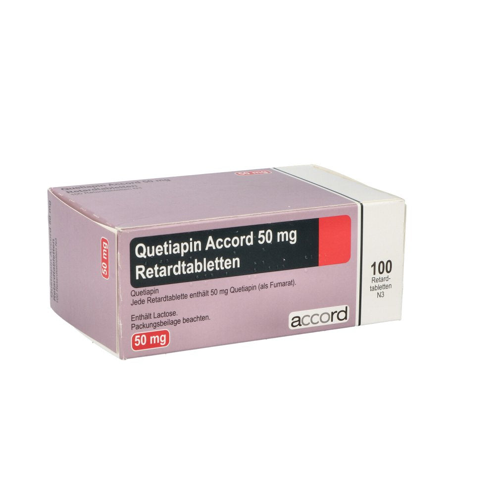 Das Produktfoto zeigt Quetiapin Accord 50 Mg Retardtabletten (100 stk) PZN 15379011