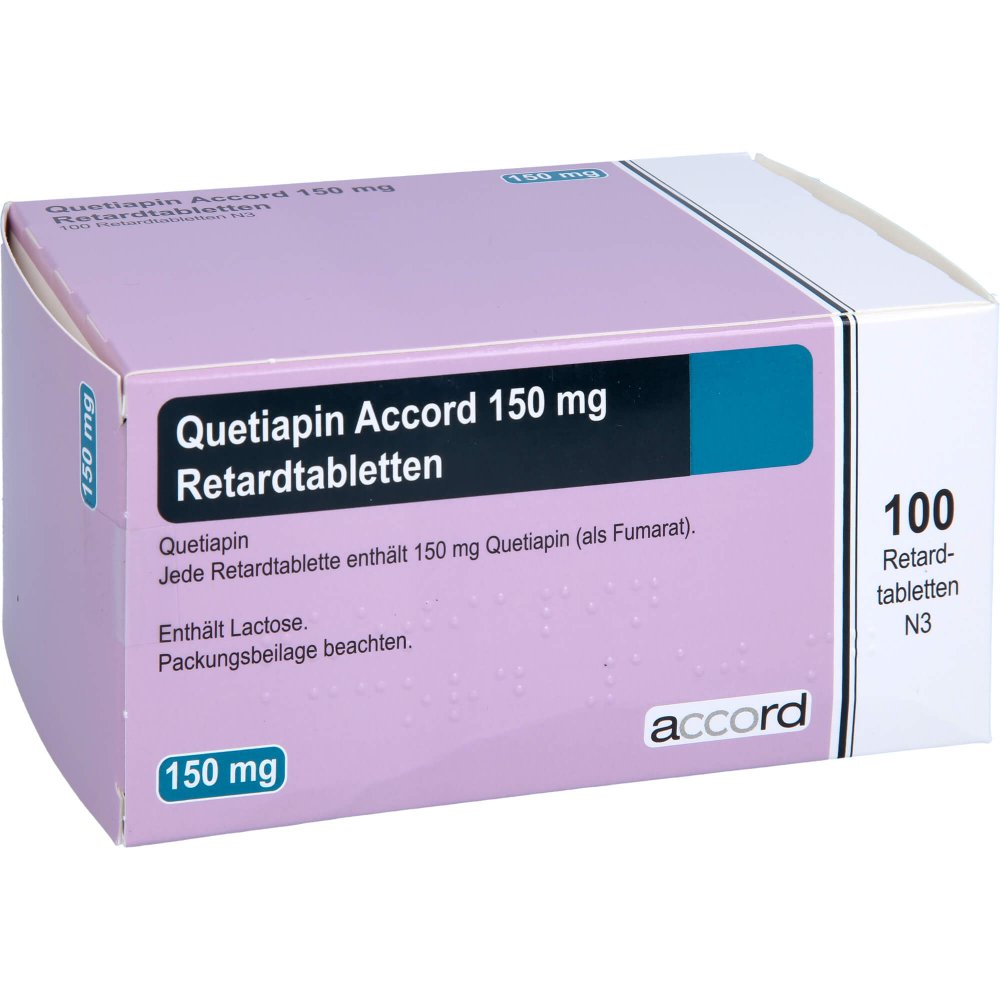 Das Produktfoto zeigt Quetiapin Accord 150 Mg Retardtabletten (100 stk) PZN 15379034