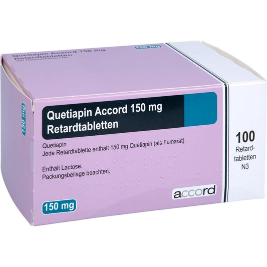 Das Produktfoto zeigt Quetiapin Accord 150 Mg Retardtabletten (100 stk) PZN 15379034