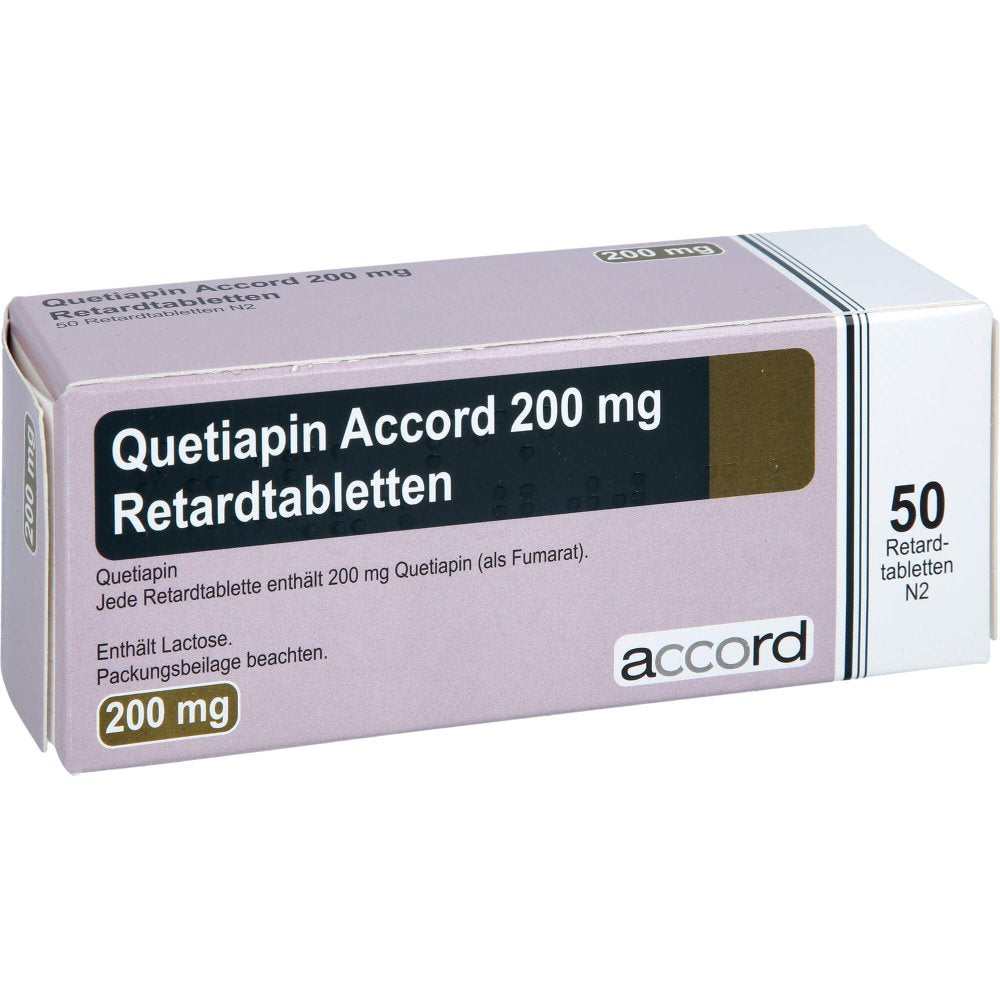 Das Produktfoto zeigt Quetiapin Accord 200 Mg Retardtabletten (50 stk) PZN 15379057