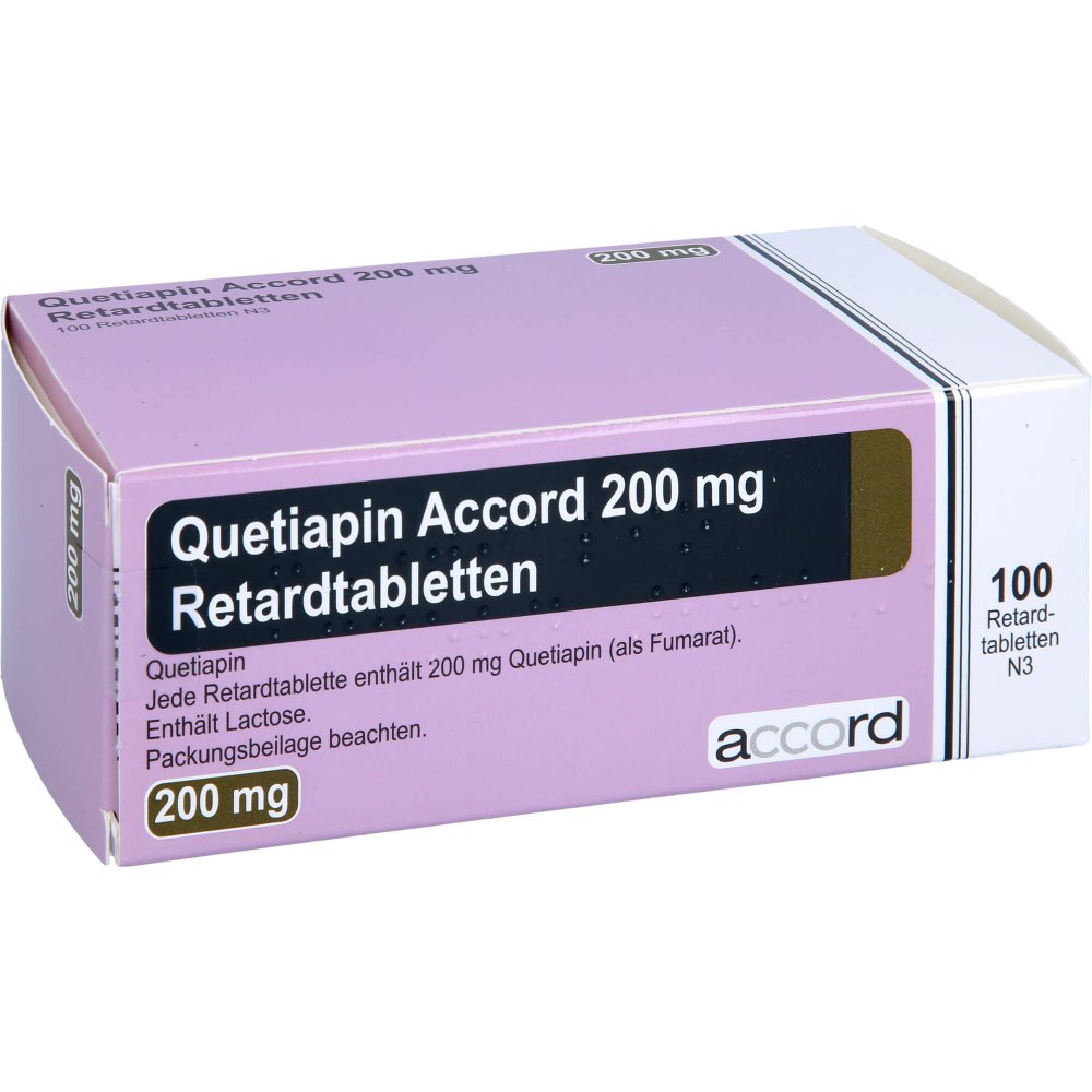 Das Produktfoto zeigt Quetiapin Accord 200 Mg Retardtabletten (100 stk) PZN 15379063