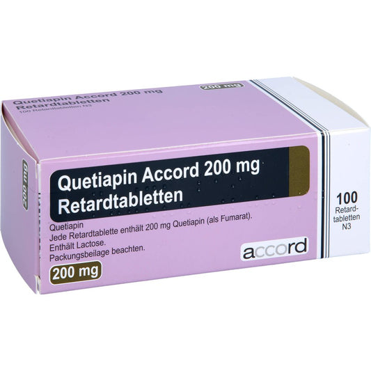 Das Produktfoto zeigt Quetiapin Accord 200 Mg Retardtabletten (100 stk) PZN 15379063