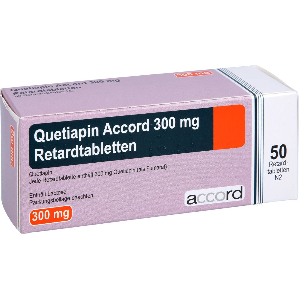 Das Produktfoto zeigt Quetiapin Accord 300 Mg Retardtabletten (50 stk) PZN 15379100